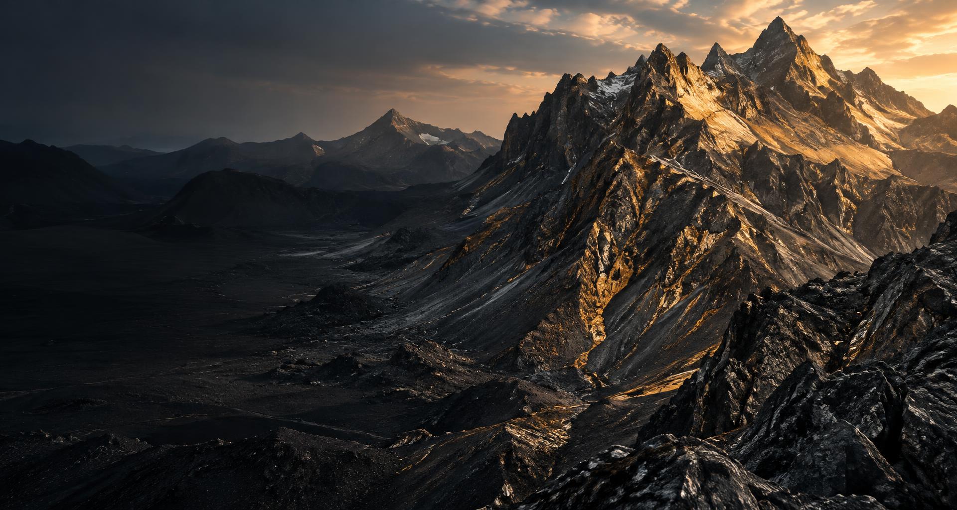Golden light across a rugged mountain landscape
